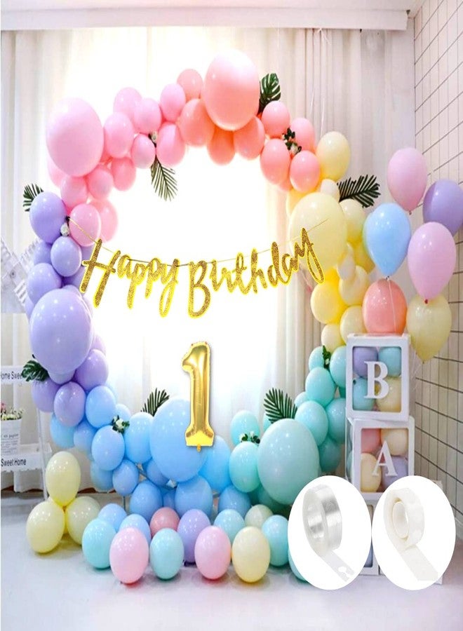 Flyloons 1St Pastel Happy Birthday Decoration Girls Kids Boys Glitter Golden Happy Birthday Banner,Pastel Balloons,Glue Dots,Arch Tape Birthday Decoration Items Room - Paper Banner,50 Pcs - Image 1